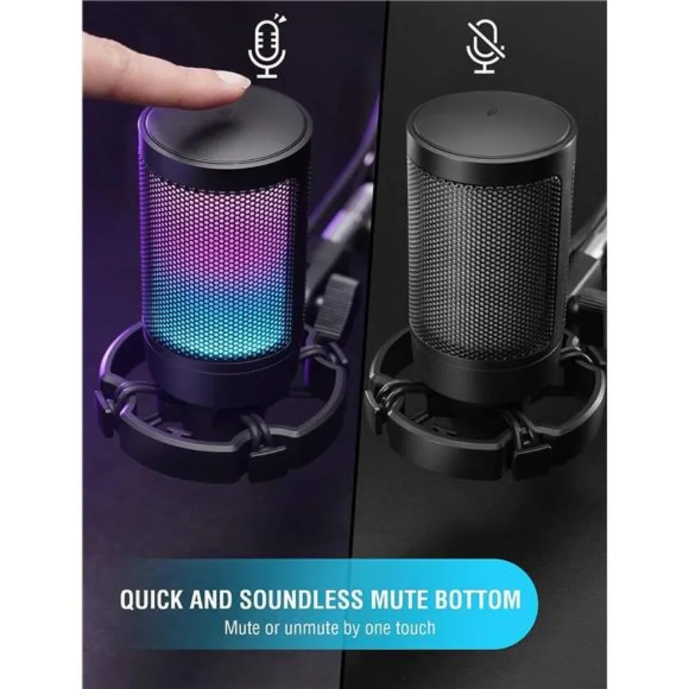 Gaming USB Microphone for PC PS5, Condenser Mic with Quick Mute, RGB Indicator